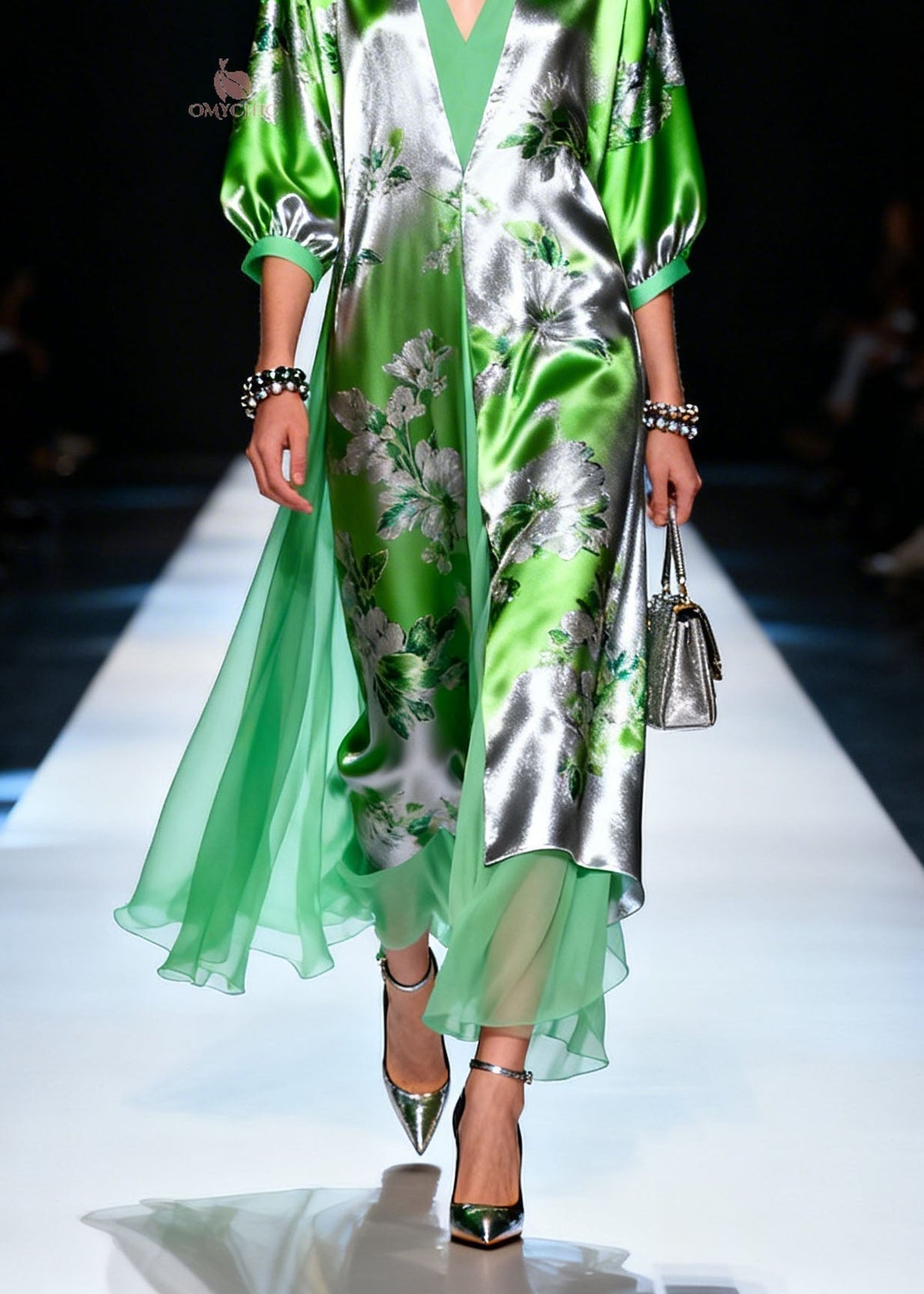 Floral Print Deep V-Neck 3/4 Sleeve Tiered Sheer Overlay Maxi Gown - View 4