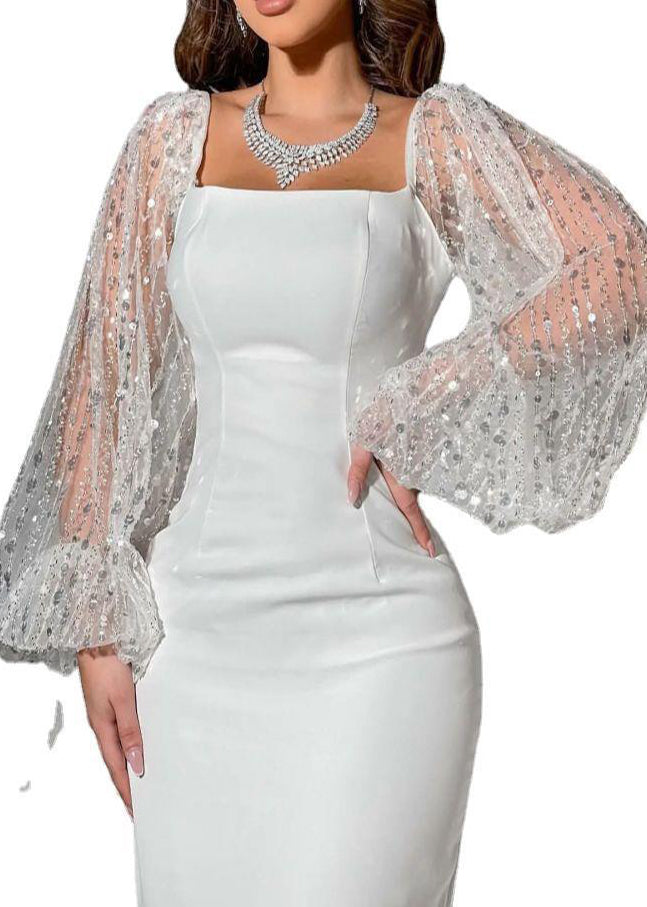 Lace Bishop Sleeve Square Neck Bodycon Midi Cocktail Dress - View 5
