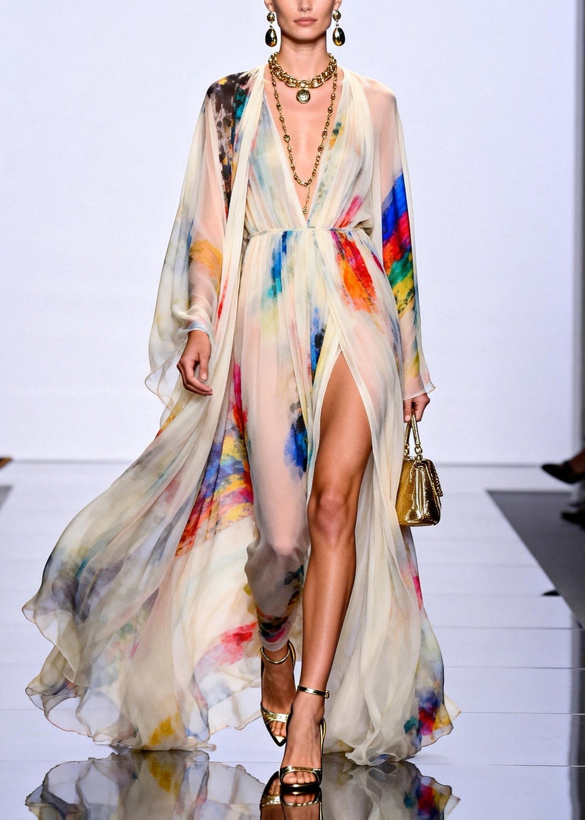 Chiffon Deep V-Neck Cape Sleeve High Split Sheer Maxi Gown - View 5