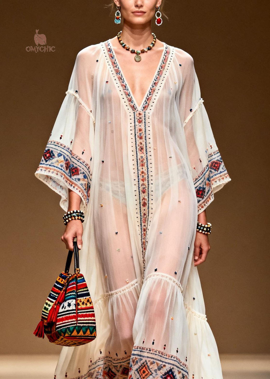 Sheer Chiffon Deep V-Neck Sleeve Embroidered Tiered Maxi Dress - View 2