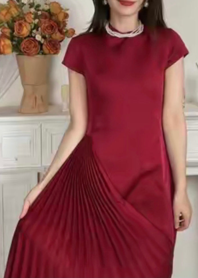 Satin Asymmetric Mock Neck Sleeveless Sunburst Pleat Cocktail Dress - View 3