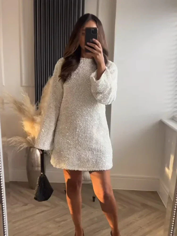 Sequin Crew Neck Bell Sleeve Shift Mini Dress - View 4