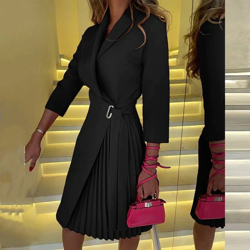 Notched Lapel Wrap Blazer 3/4 Sleeve Belted Pleated Skirt Mini Dress - View 5
