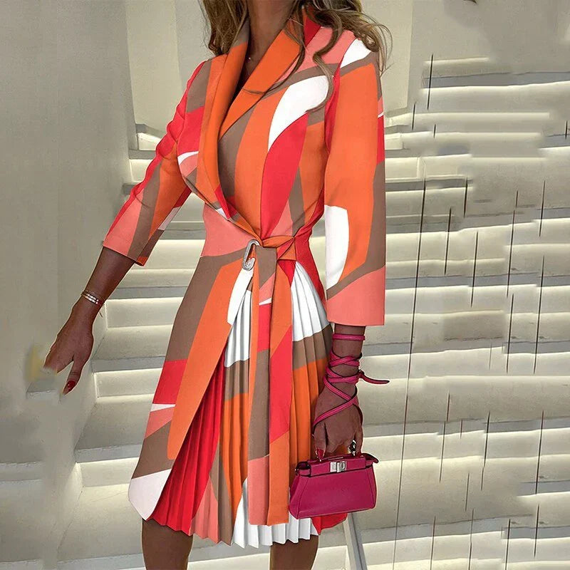 Notched Lapel Wrap Blazer 3/4 Sleeve Belted Pleated Skirt Mini Dress - View 7