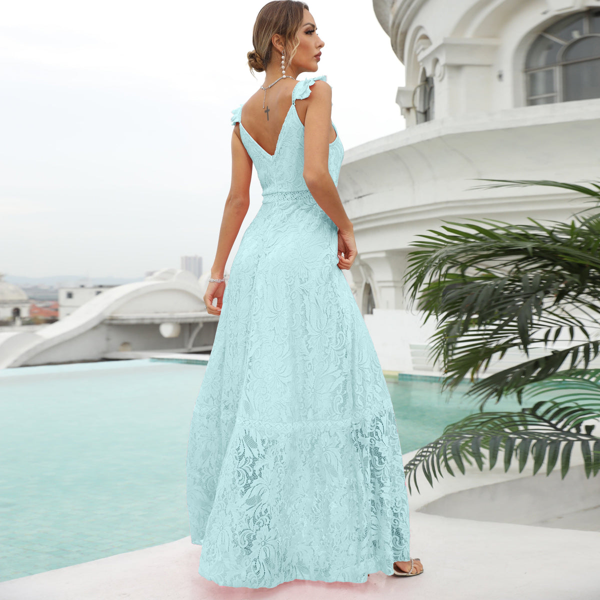 Lace V-Neck Spaghetti Strap Ruffle Trim Eyelet Waist Tiered Maxi Dress - View 4