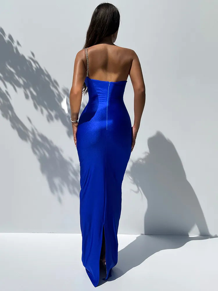One Shoulder Rhinestone Strap Ruched Bodycon Column Maxi Gown - View 3