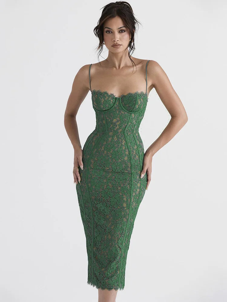 Spaghetti Strap Lace Green Floral Dress - View 2