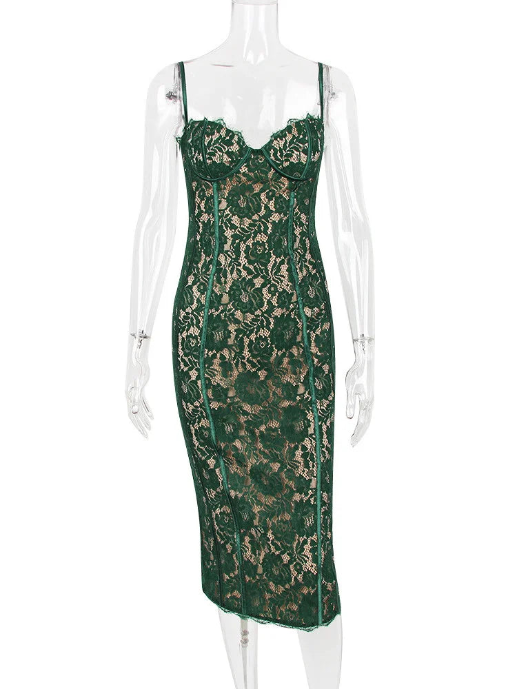 Spaghetti Strap Lace Green Floral Dress - View 6