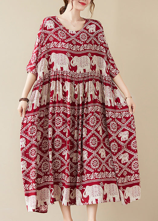 Elephant Print Round Neck Three Quarter Sleeve Maxi Dress - View 3