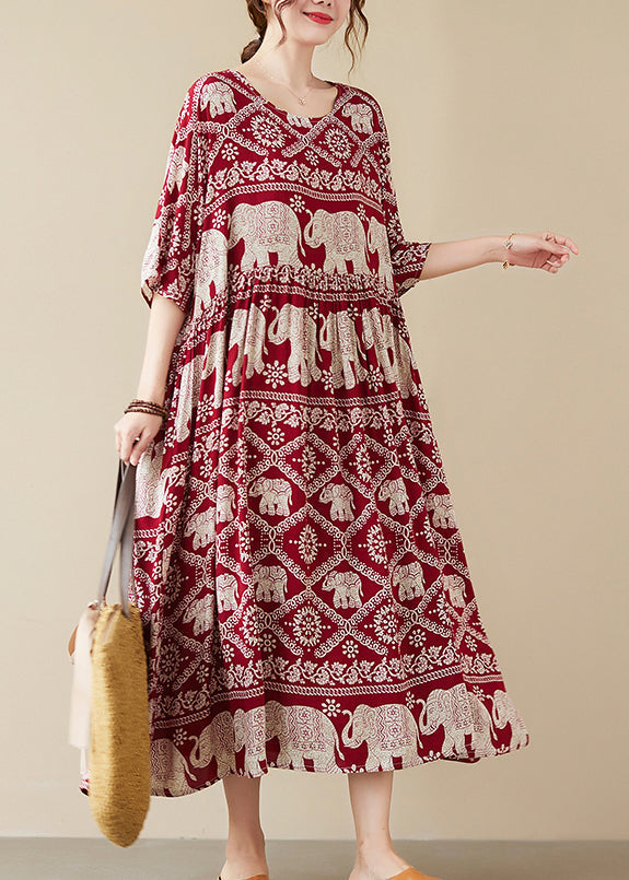 Elephant Print Round Neck Three Quarter Sleeve Maxi Dress - View 4