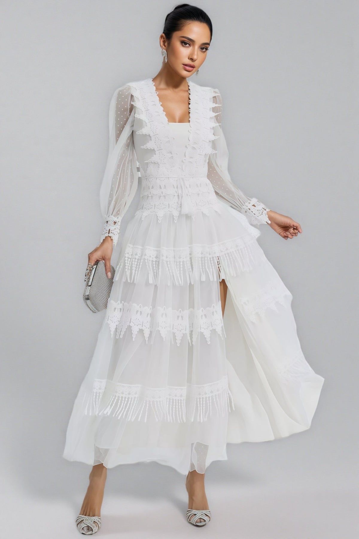 Torind White Lace Mesh Maxi Dress