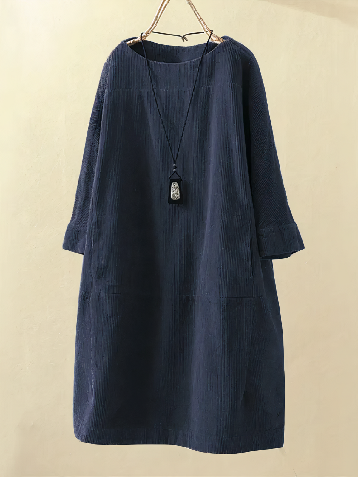 Corduroy Long Sleeve Round Neck Pocket Shift Knee Length Dress - View 2