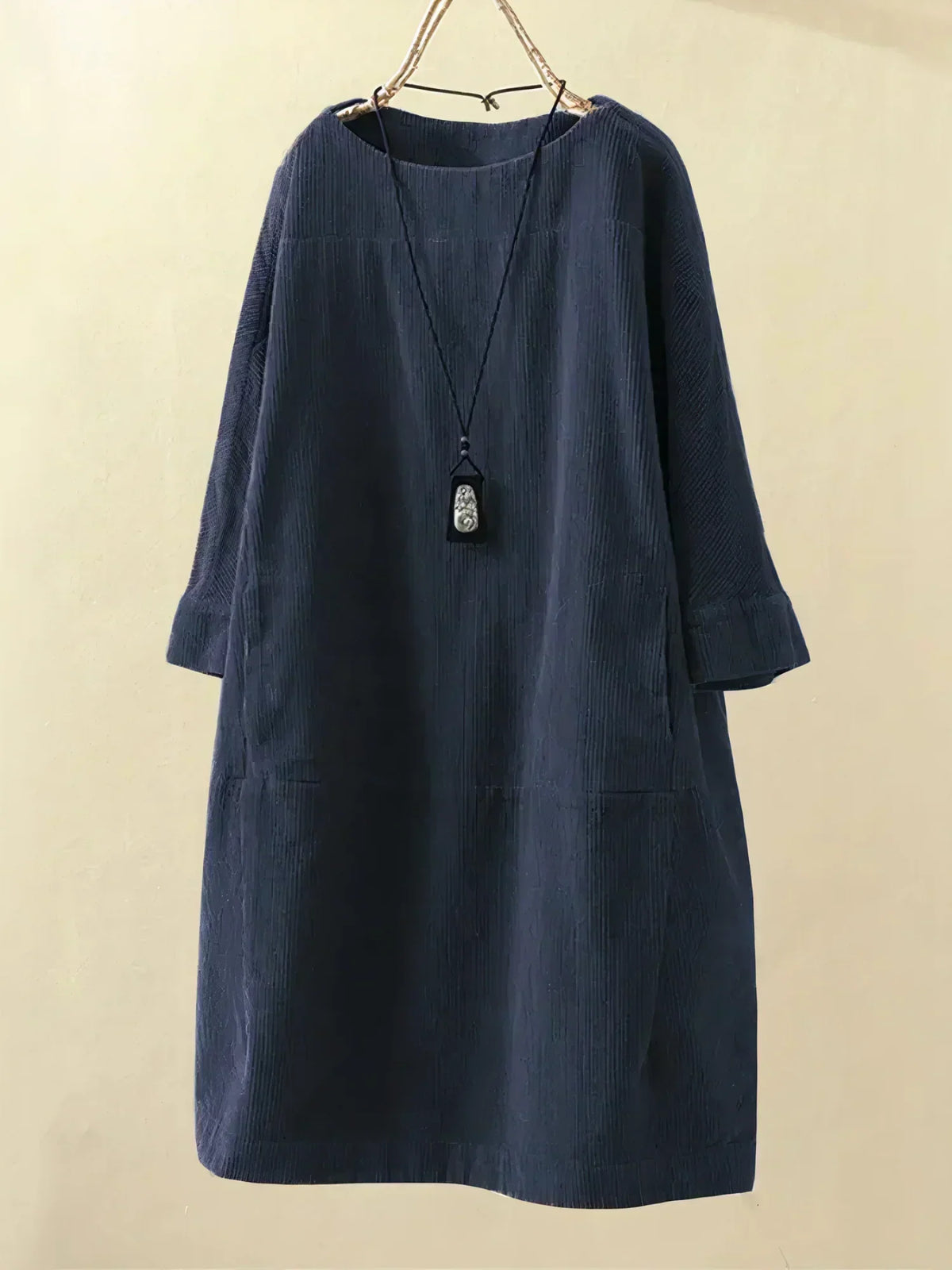 Corduroy Crew Neck Long Sleeve Drop Waist Paneled Shift Midi Dress - View 3