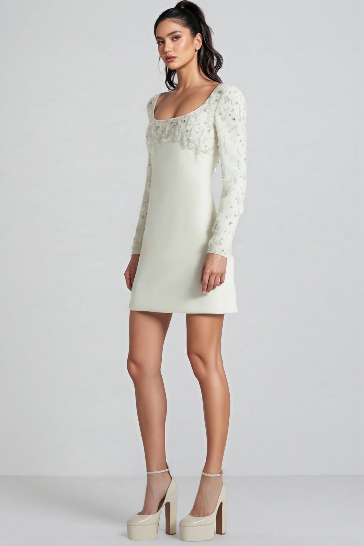 Scoop Neck Long Sleeve Rhinestone Embellished Bodice Mini Dress - View 2