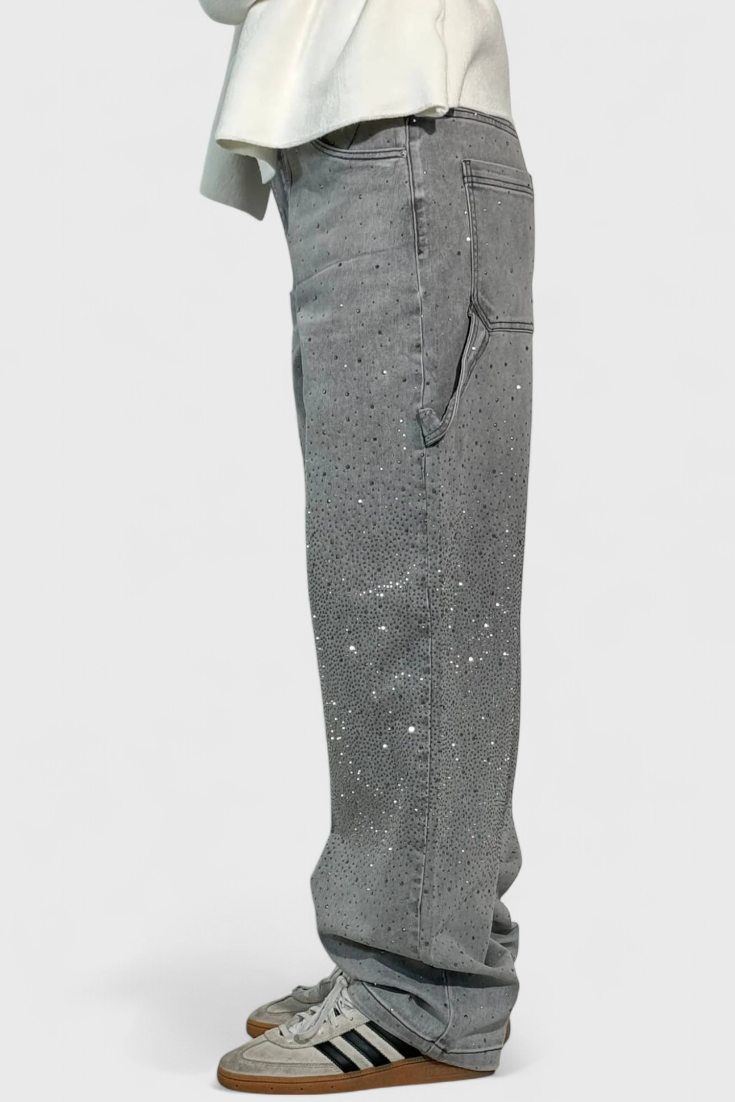 Rhinestone Embellished Wide Leg Cargo Jeans 16