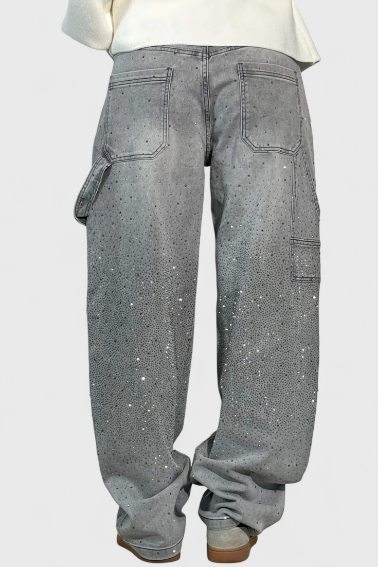 Rhinestone Embellished Wide Leg Cargo Jeans 15