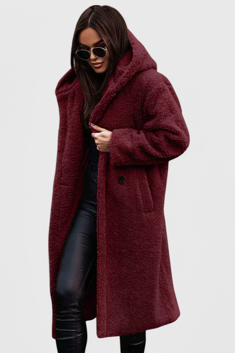 Hooded Teddy Fleece Double Breasted Longline Coat 9