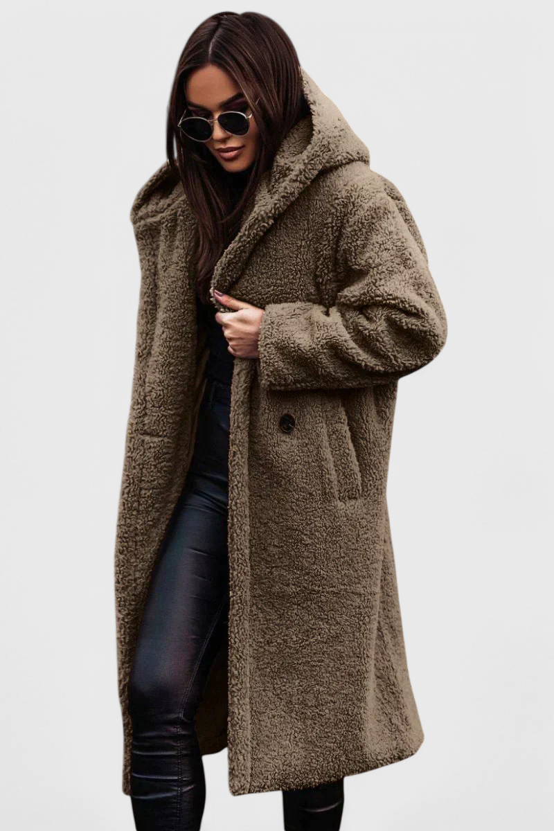 Hooded Teddy Fleece Double Breasted Longline Coat 6