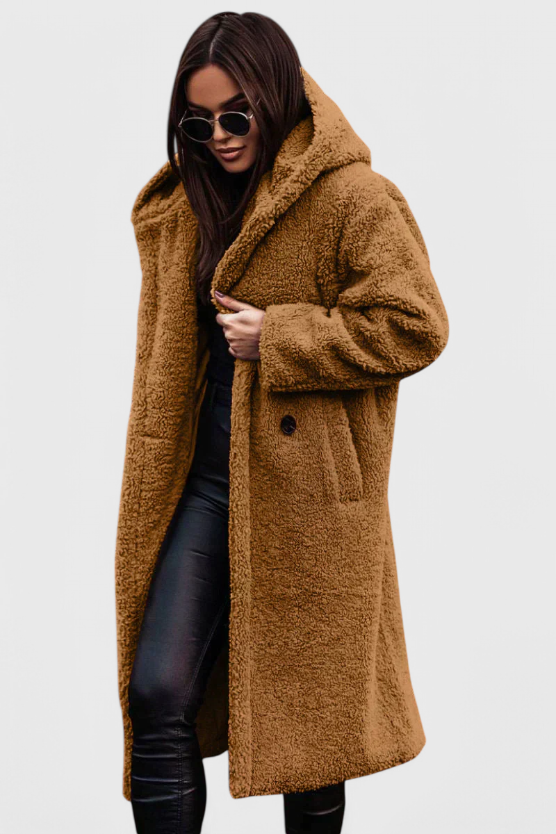 Hooded Teddy Fleece Double Breasted Longline Coat 5