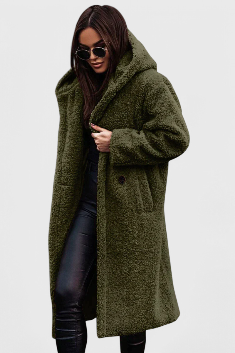 Hooded Teddy Fleece Double Breasted Longline Coat 3