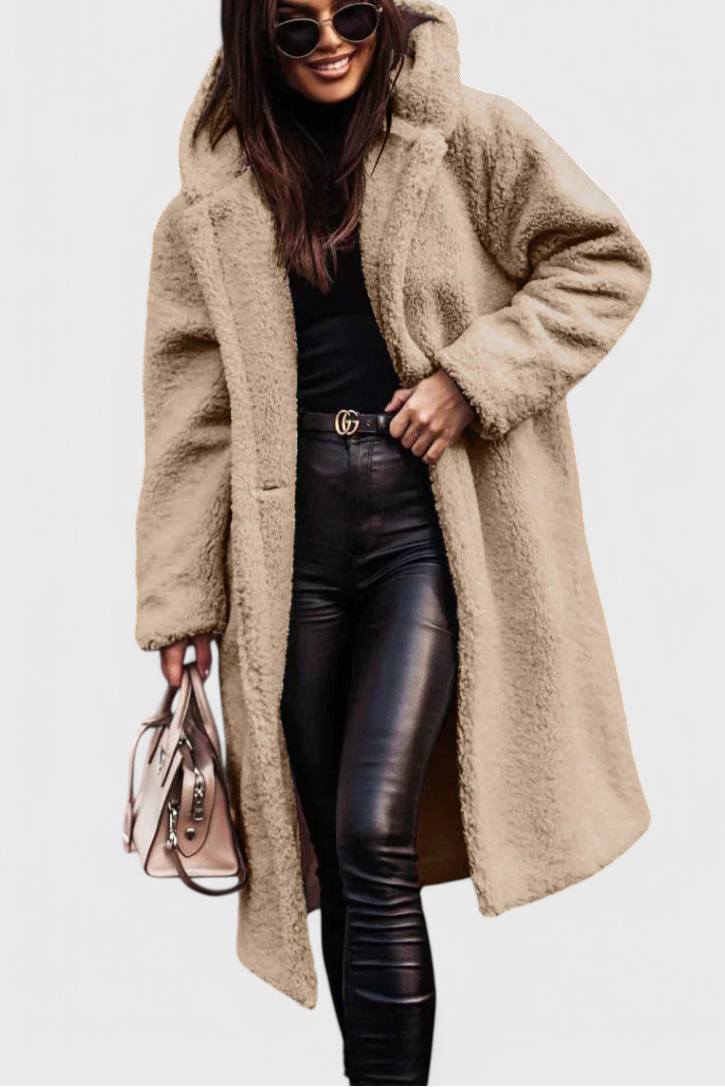 Hooded Teddy Fleece Double Breasted Longline Coat 2