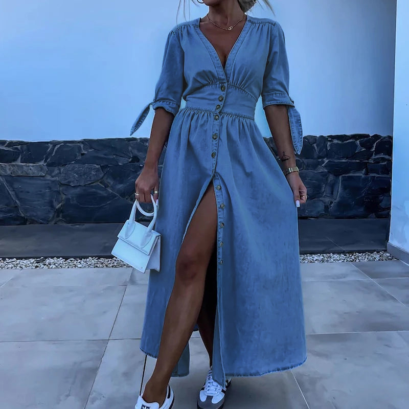 Chambray Button Front Deep V-Neck Tie Cuff Short Sleeve Maxi Dress - View 3