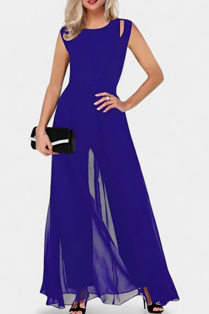 Cut Out Shoulder Sleeveless Chiffon Overlay Wide Leg Jumpsuit 3
