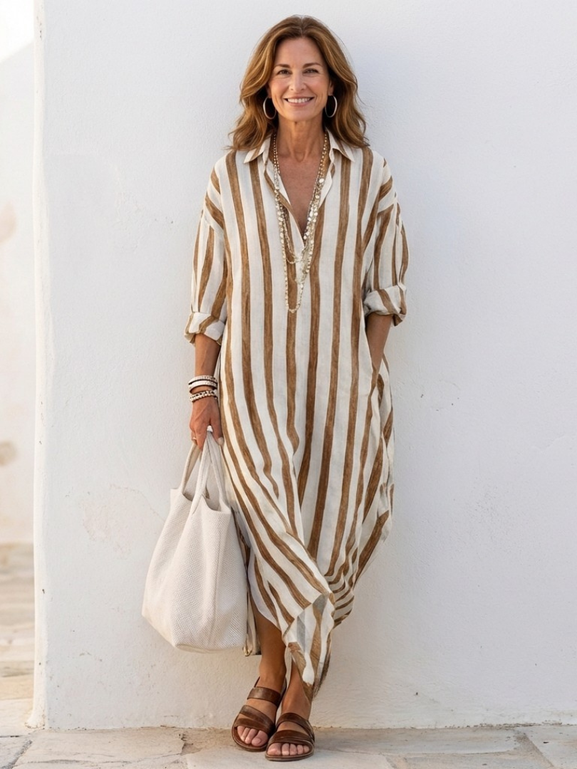 Striped Collared Long Sleeve Button Front Midi Shirt Dress 7