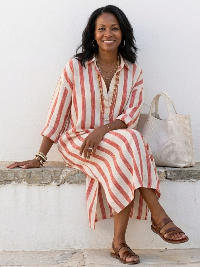 Striped Collared Long Sleeve Button Front Midi Shirt Dress 6
