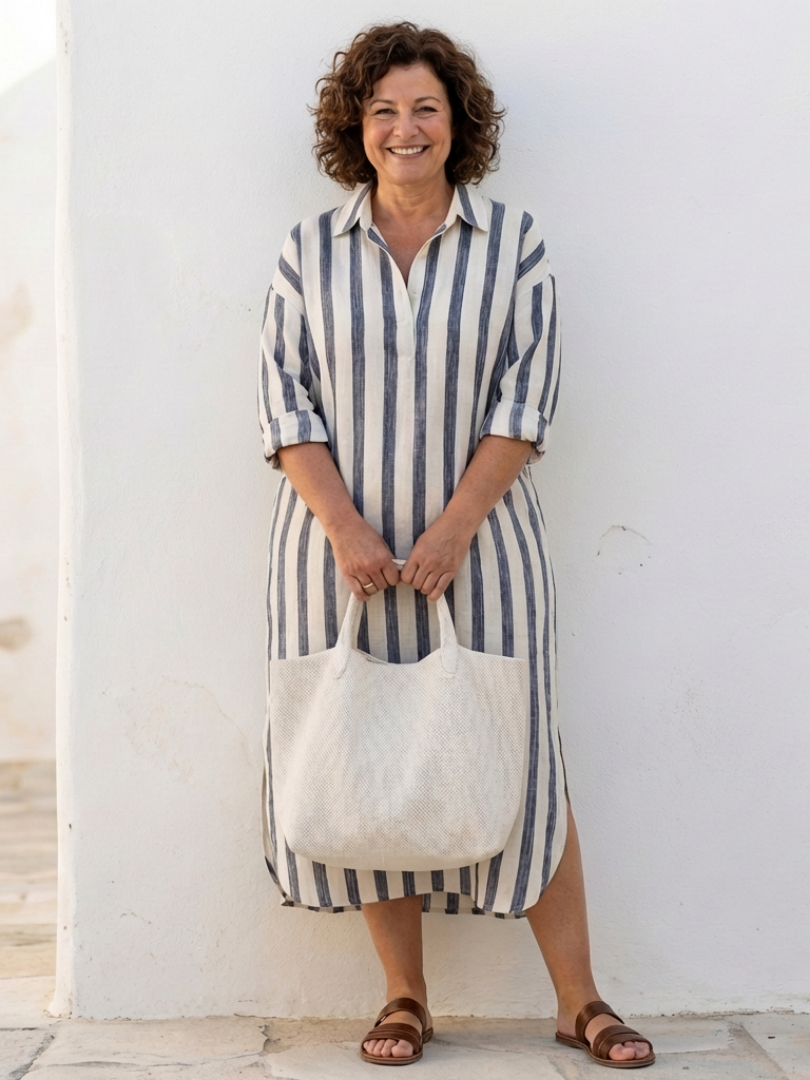 Striped Collared Long Sleeve Button Front Midi Shirt Dress 3