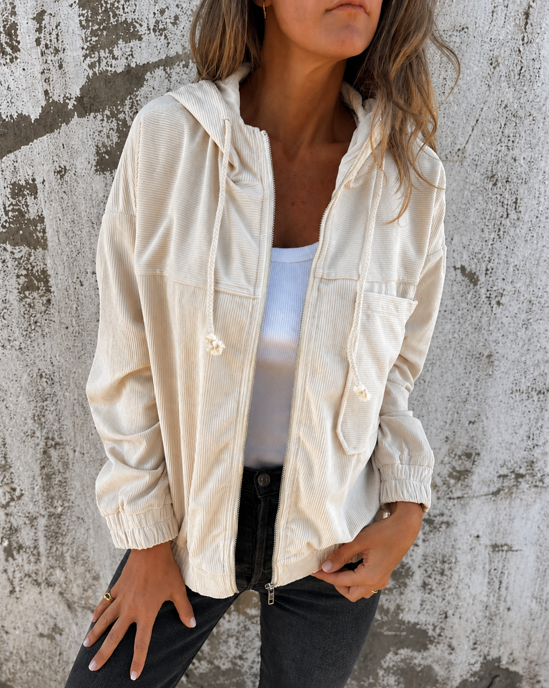 Corduroy Hooded Zip Front Bomber Jacket