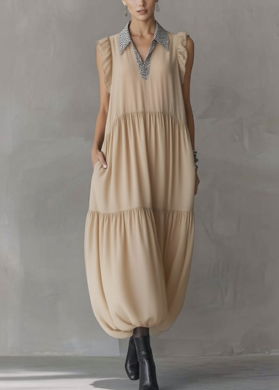 Natural Apricot Peter Pan Collar Ruffled Wrinkled Chiffon Maxi Dresses Summer - View 3