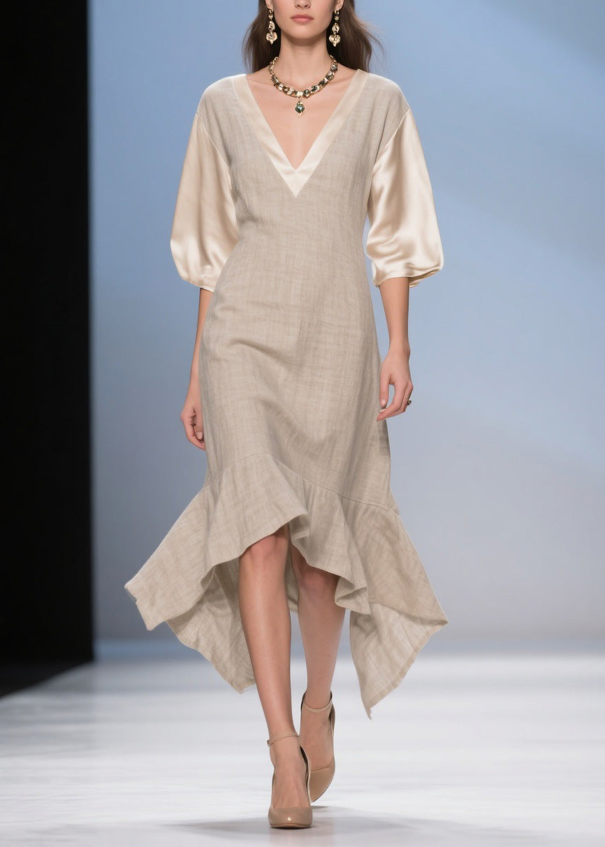 Deep V-Neck Puff Sleeve Satin Contrast Woven A-Line Midi Dress - View 3