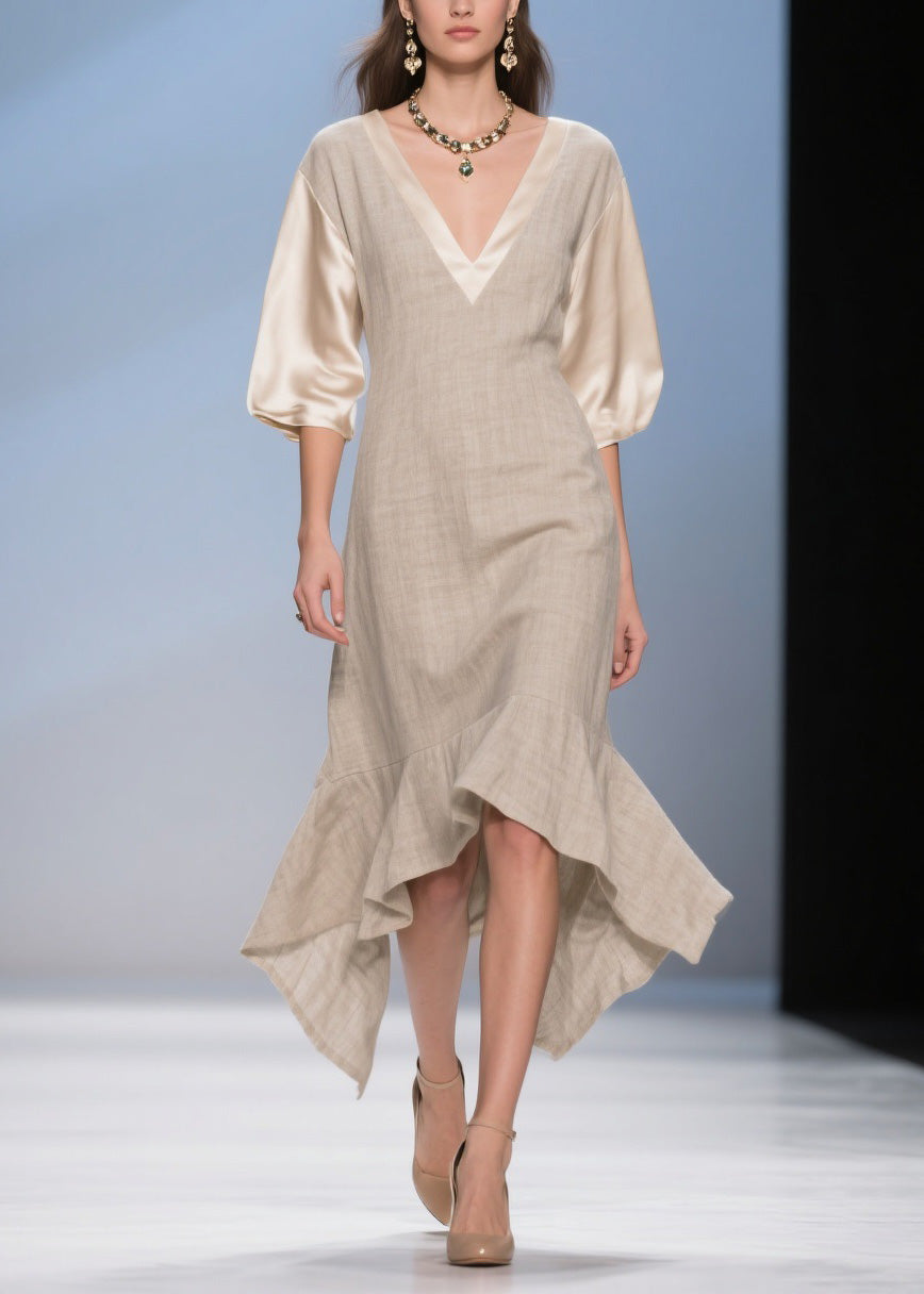 Deep V-Neck Puff Sleeve Satin Contrast Woven A-Line Midi Dress - View 5