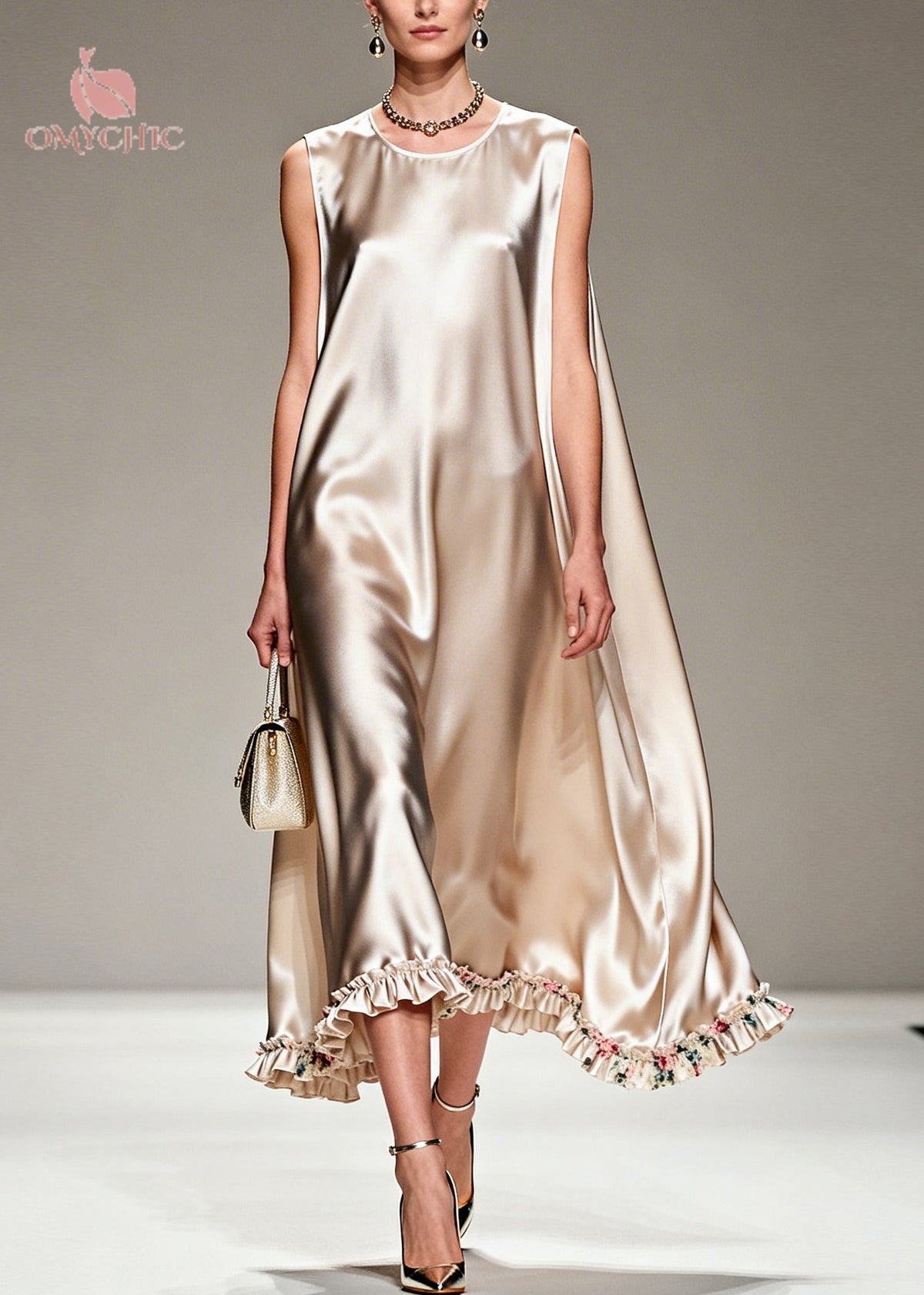 Satin Sleeveless Cape Back Floral Ruffle Hem Midi Dress - View 5