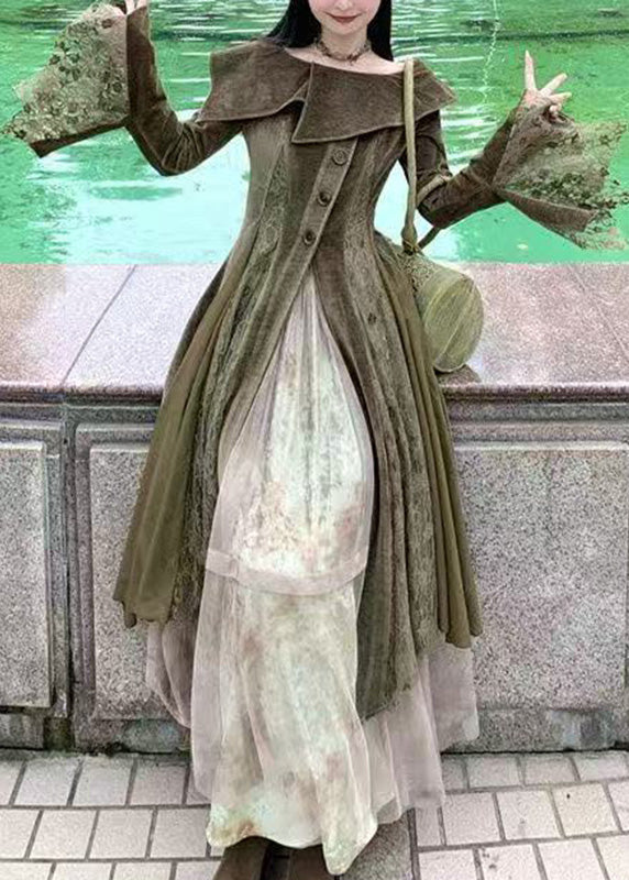 Velvet Lace Panel Button Front Bell Sleeve Layered Maxi Gown