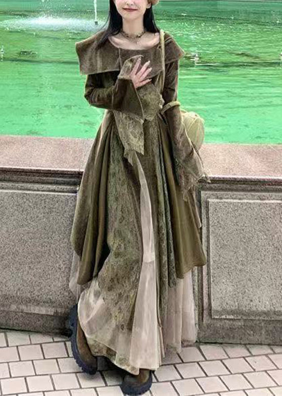 Velvet Lace Panel Button Front Bell Sleeve Layered Maxi Gown - View 2