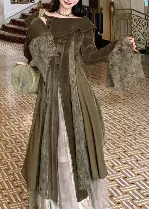 Velvet Lace Panel Button Front Bell Sleeve Layered Maxi Gown - View 3