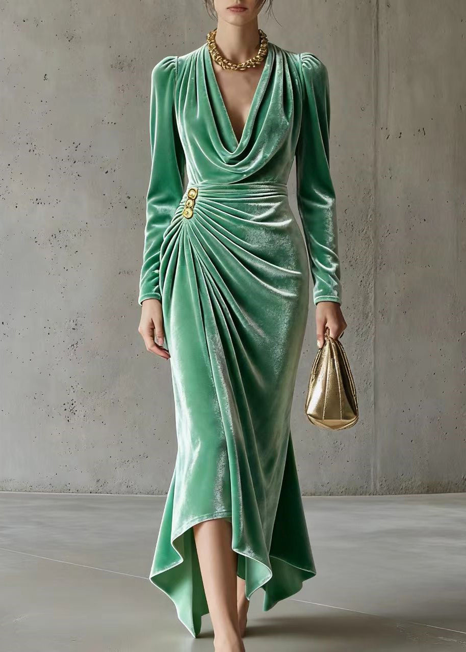 Velvet Cowl Neck Long Sleeve Ruched Button Asymmetric Maxi Gown - View 3