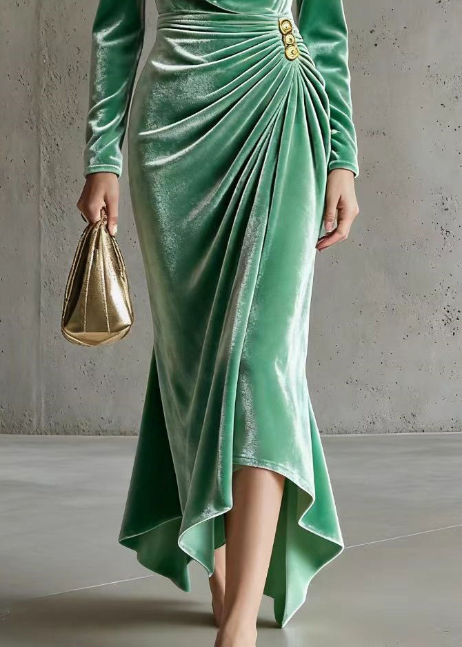 Velvet Cowl Neck Long Sleeve Ruched Button Asymmetric Maxi Gown - View 4