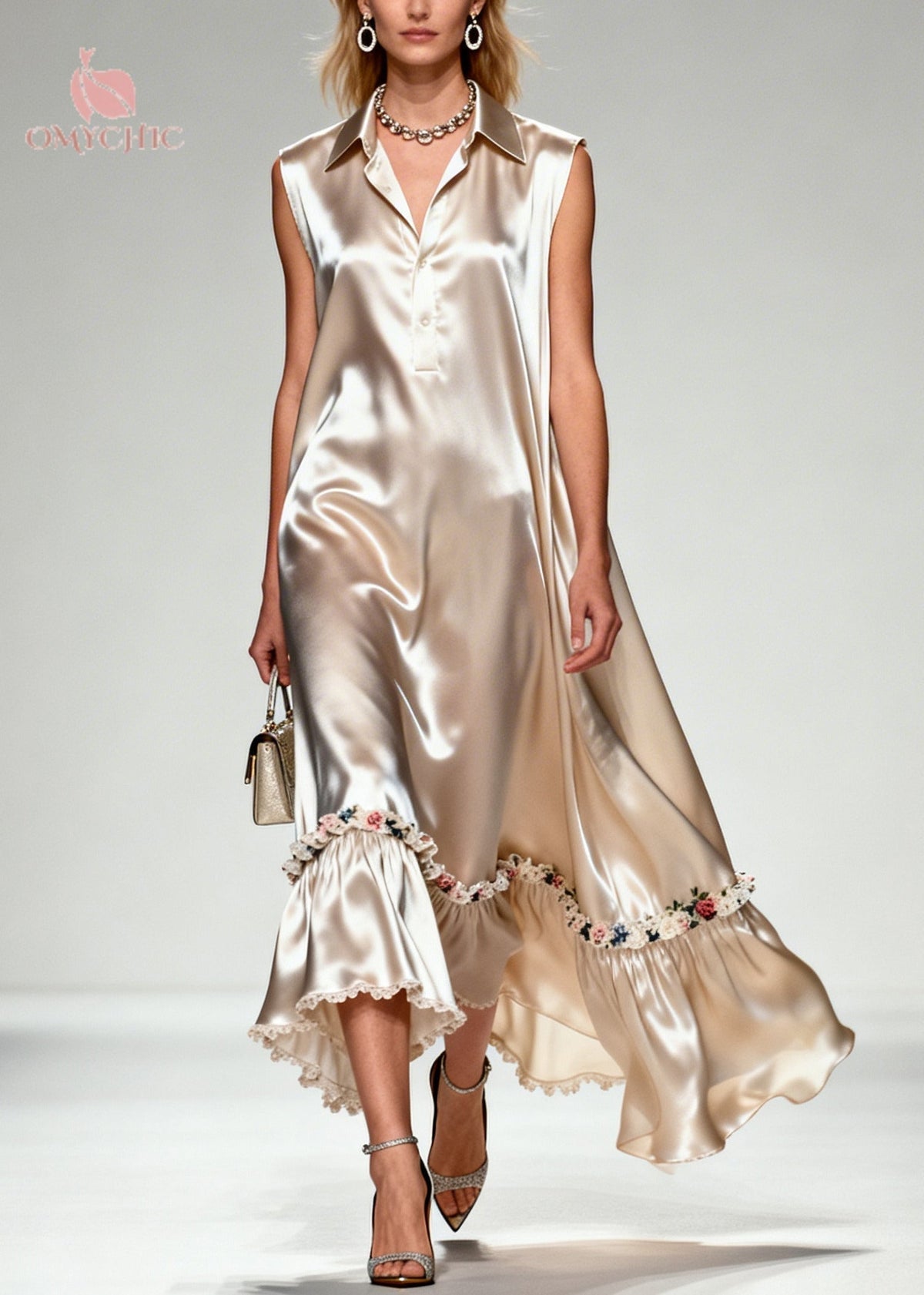 Satin Collar Button Placket Sleeveless Ruffle Hem Maxi Dress - View 3