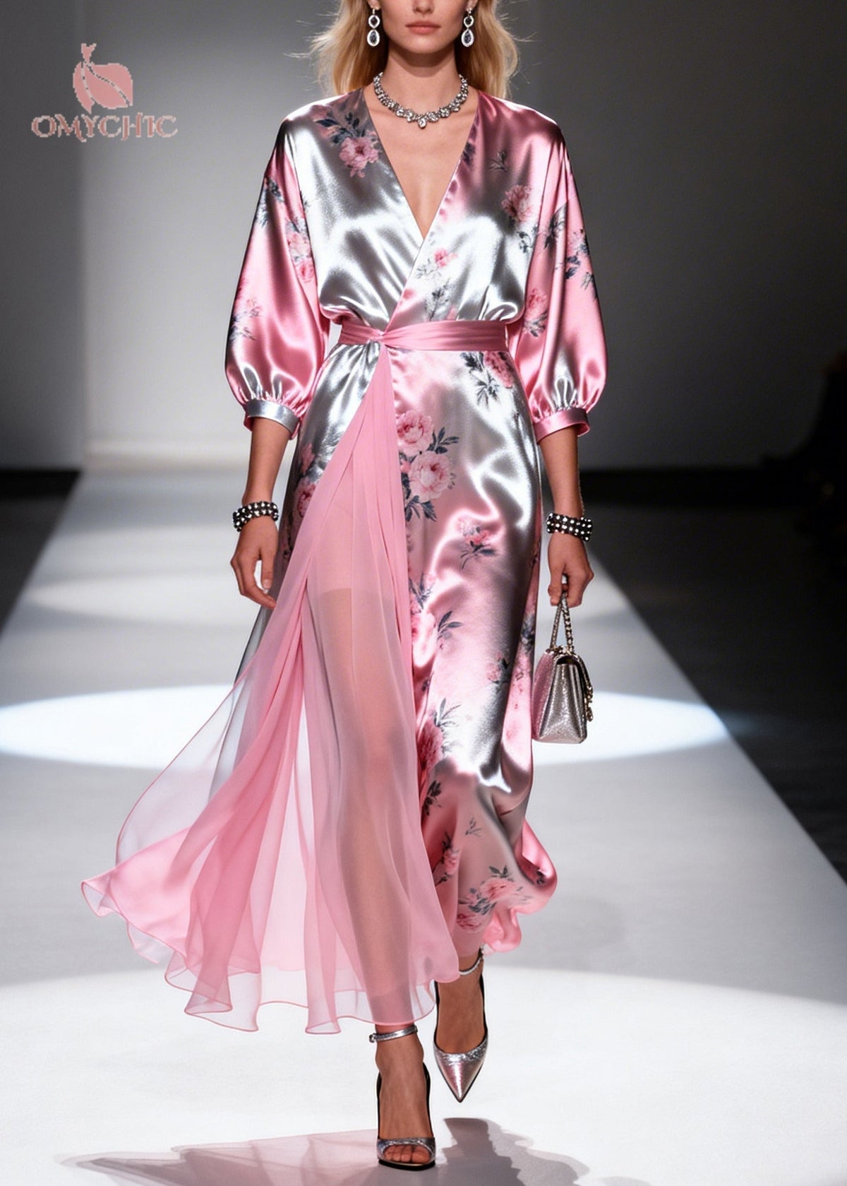 Satin Floral Print Deep V-Neck Puff Sleeve Chiffon Wrap Maxi Gown - View 3