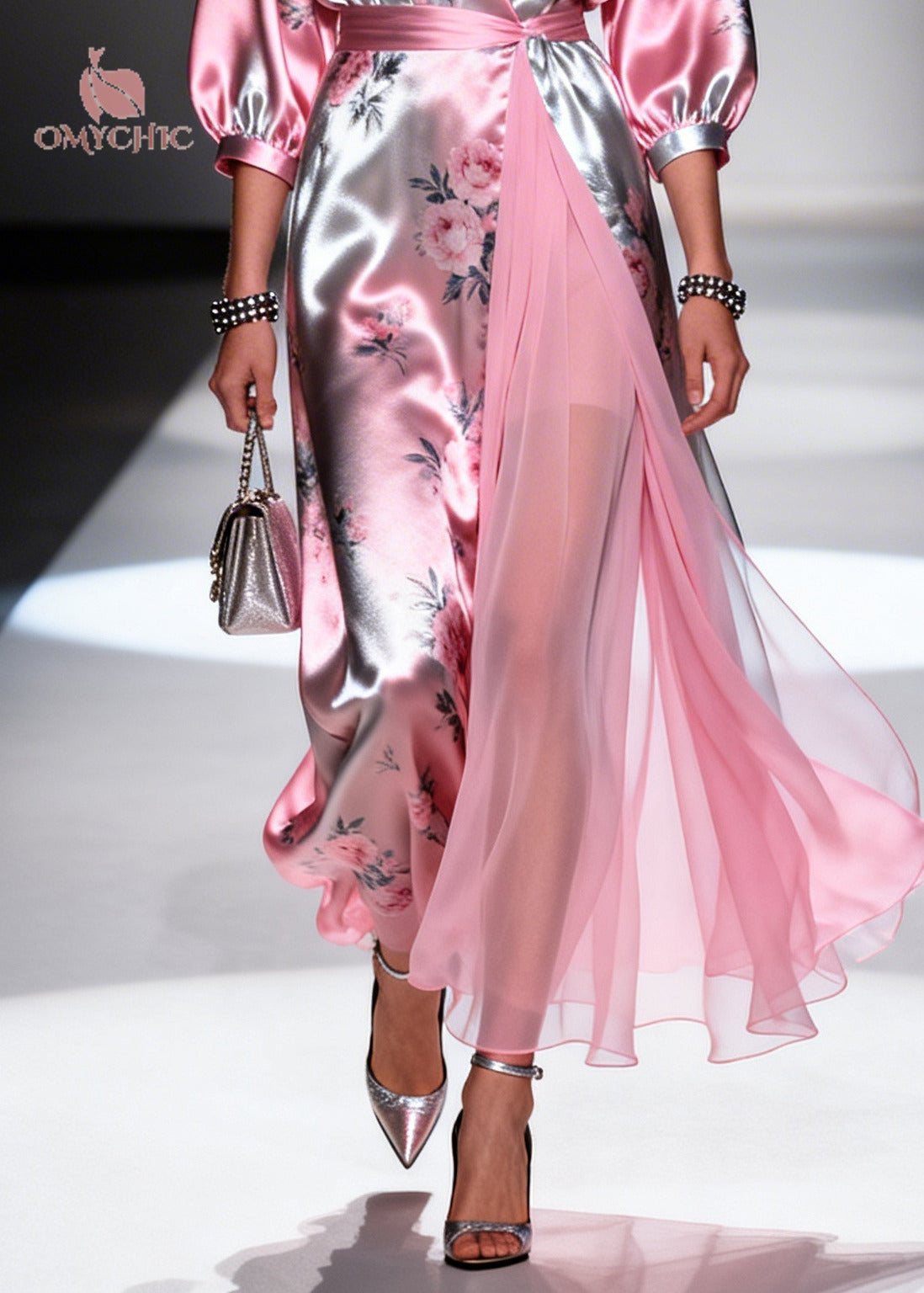 Satin Floral Print Deep V-Neck Puff Sleeve Chiffon Wrap Maxi Gown - View 4