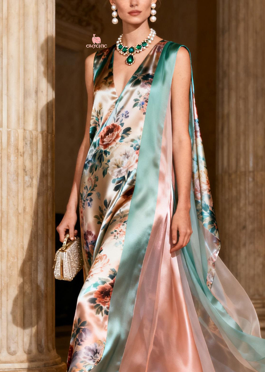 Floral Print Sleeveless V-Neck Sheer Cape Panel High Low Maxi Gown - View 2