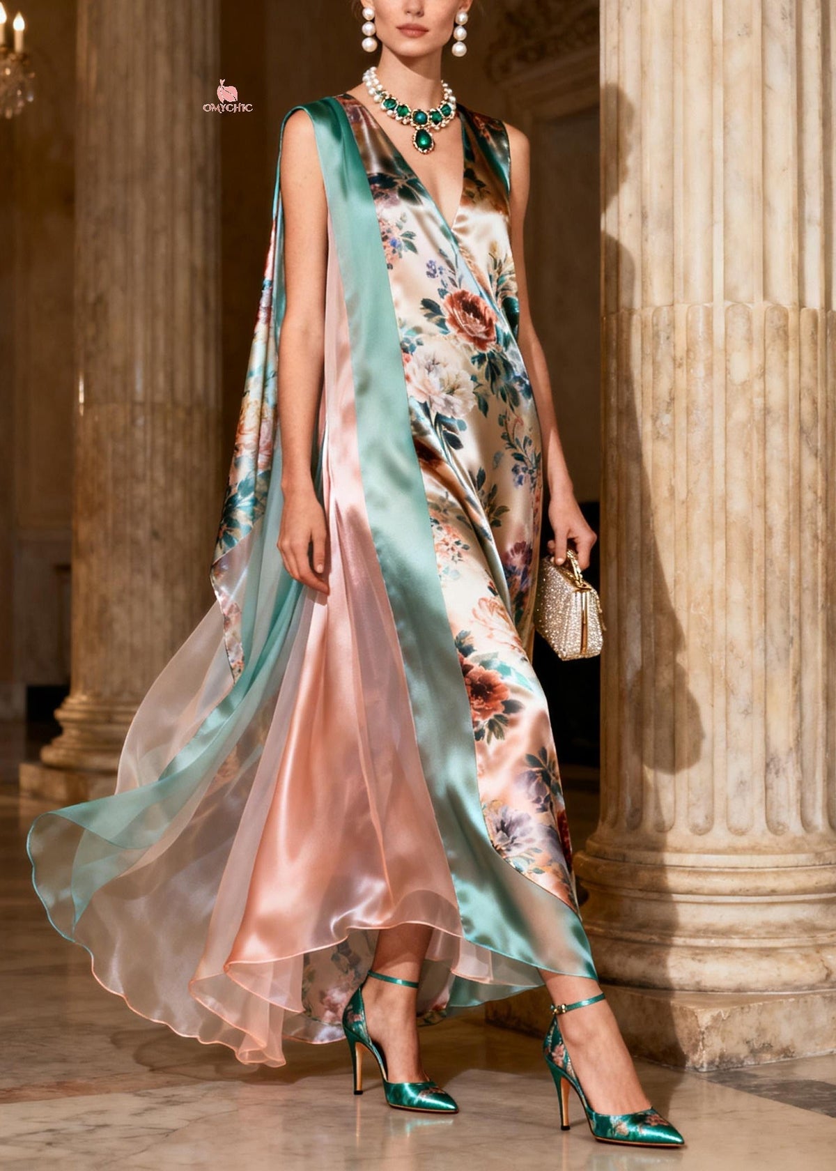 Floral Print Sleeveless V-Neck Sheer Cape Panel High Low Maxi Gown - View 3