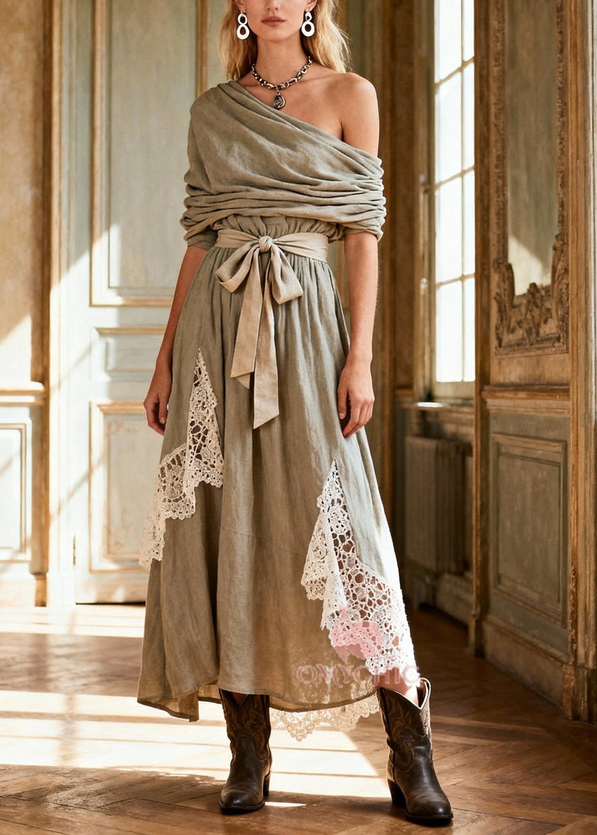 One Shoulder Draped Tie Waist Lace Panel Insert Linen Maxi Dress - View 3