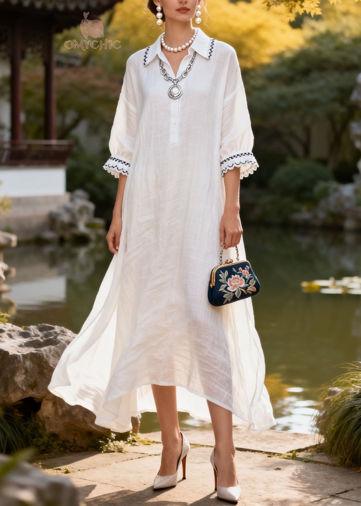 Lace Trim Collar Three Quarter Sleeve Button Front Midi Dress