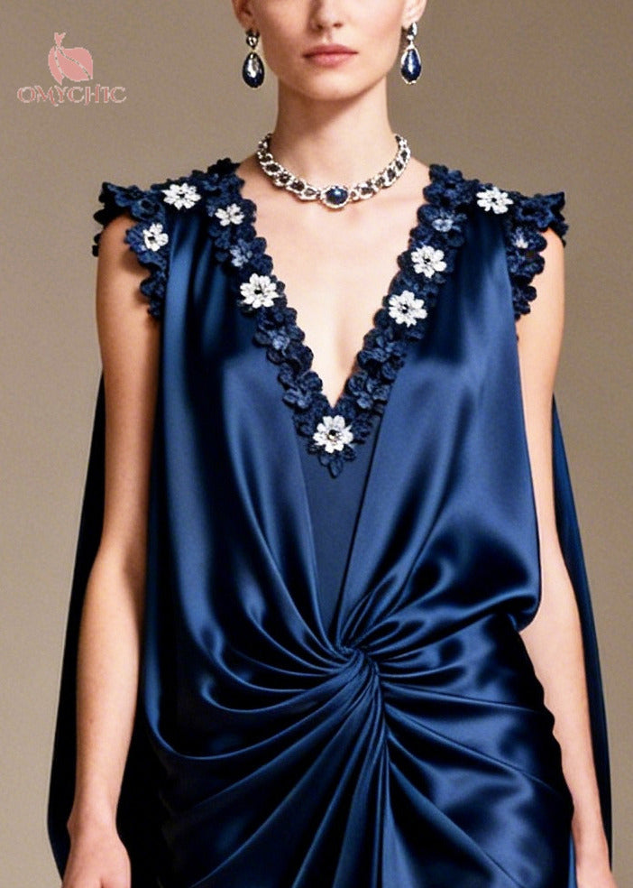 Sleeveless Deep V-Neck Floral Applique Twisted Waist Cape Gown - View 2