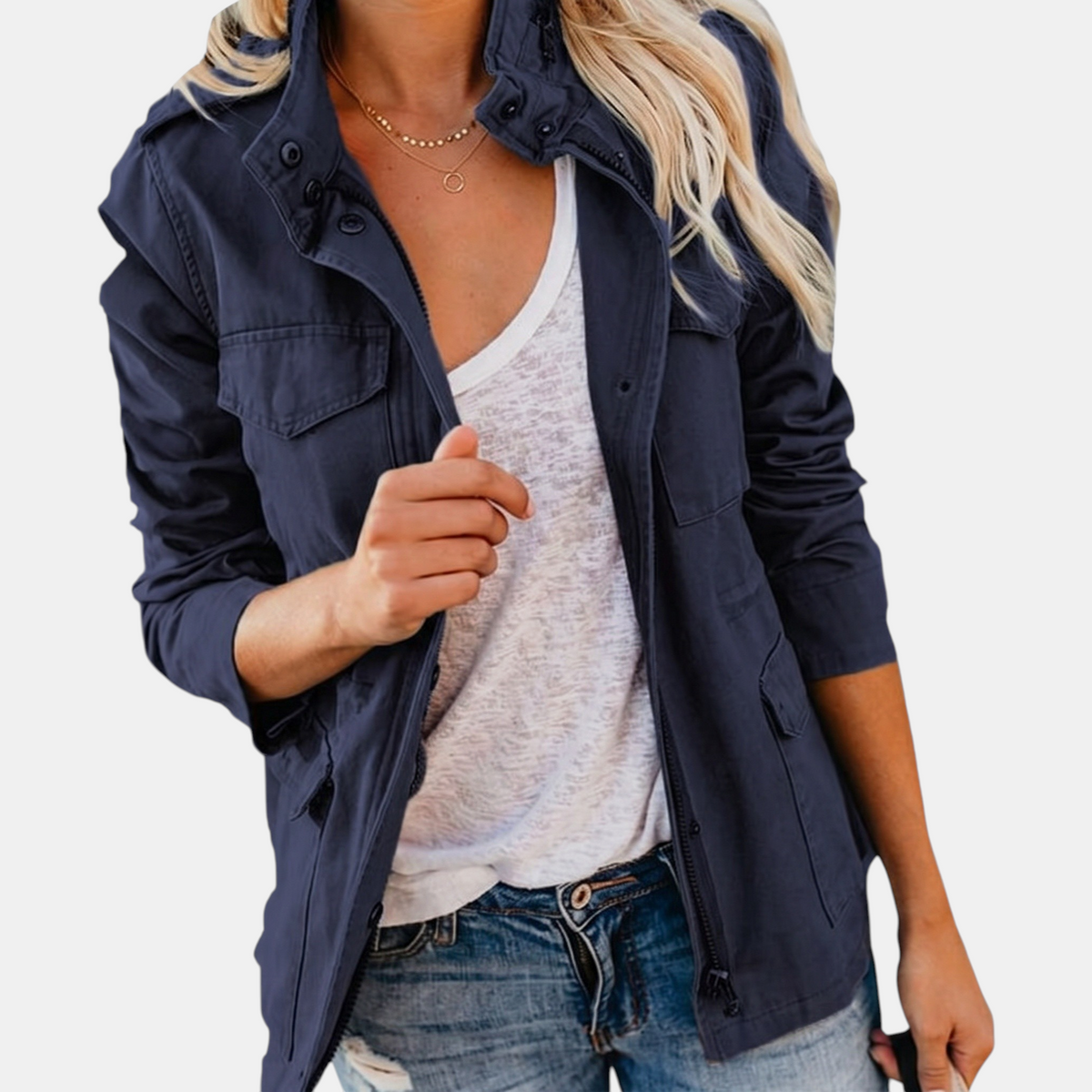 Stand Collar Zip Front Flap Pocket Utility Jacket 6