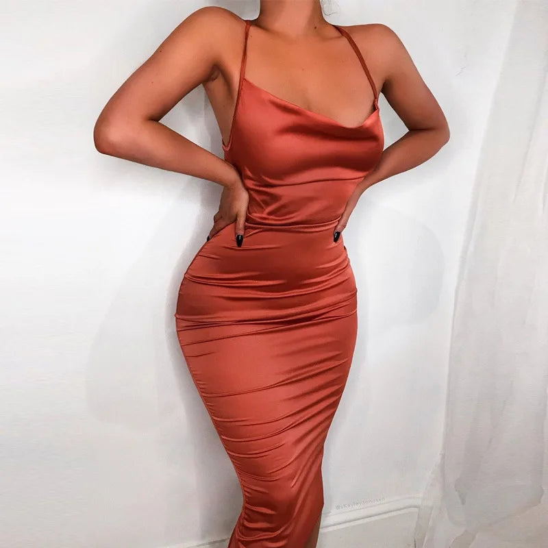 Satin Lace Up Pink Backless Midi Dress - View 3